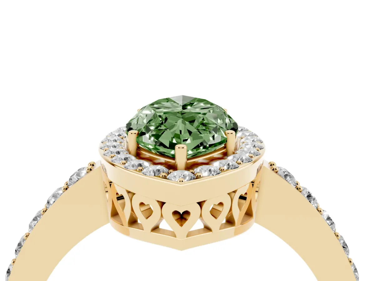 Fancy Green Marquise Cut Halo Diamond Pavé Band Ring with Prong Setting Yellow gold