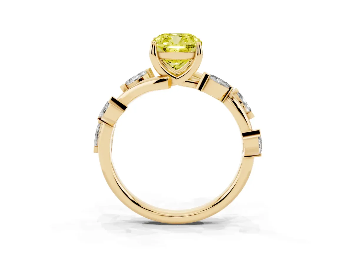 Fancy Yellow Cushion Cut Solitaire Twisted Band Marquise Accent Prong Setting Ring Yellow gold