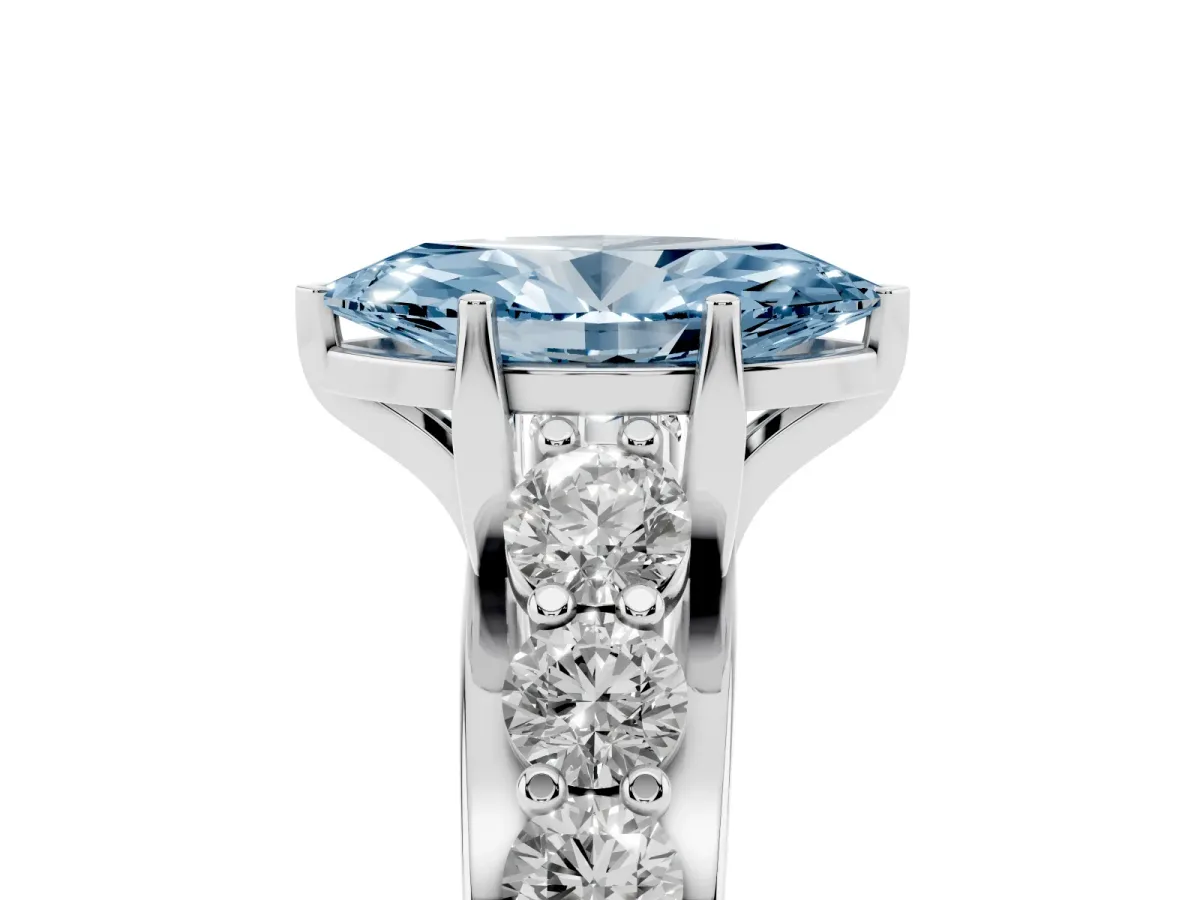 Fancy Blue Marquise Cut Diamond Engagement Ring with Pavé Band and Four-Prong Setting Silver
