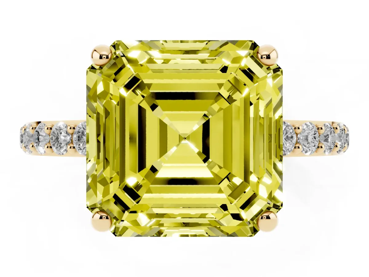 Fancy Yellow Asscher Cut Diamond Solitaire Ring with Round Pavé Band and Prong Setting Yellow gold