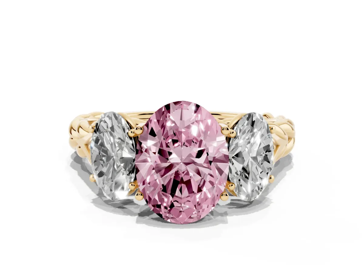 Fancy Pink Three-Stone Oval Cut Diamond Braided Band Ring with Four-Prong Setting Yellow gold