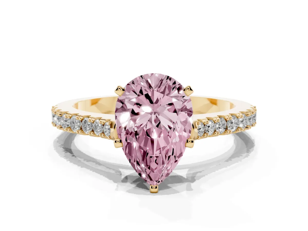Fancy Pink Pear Cut Cut Solitaire Diamond Engagement Ring with Pave Band and Four-Prong Setting Yellow gold