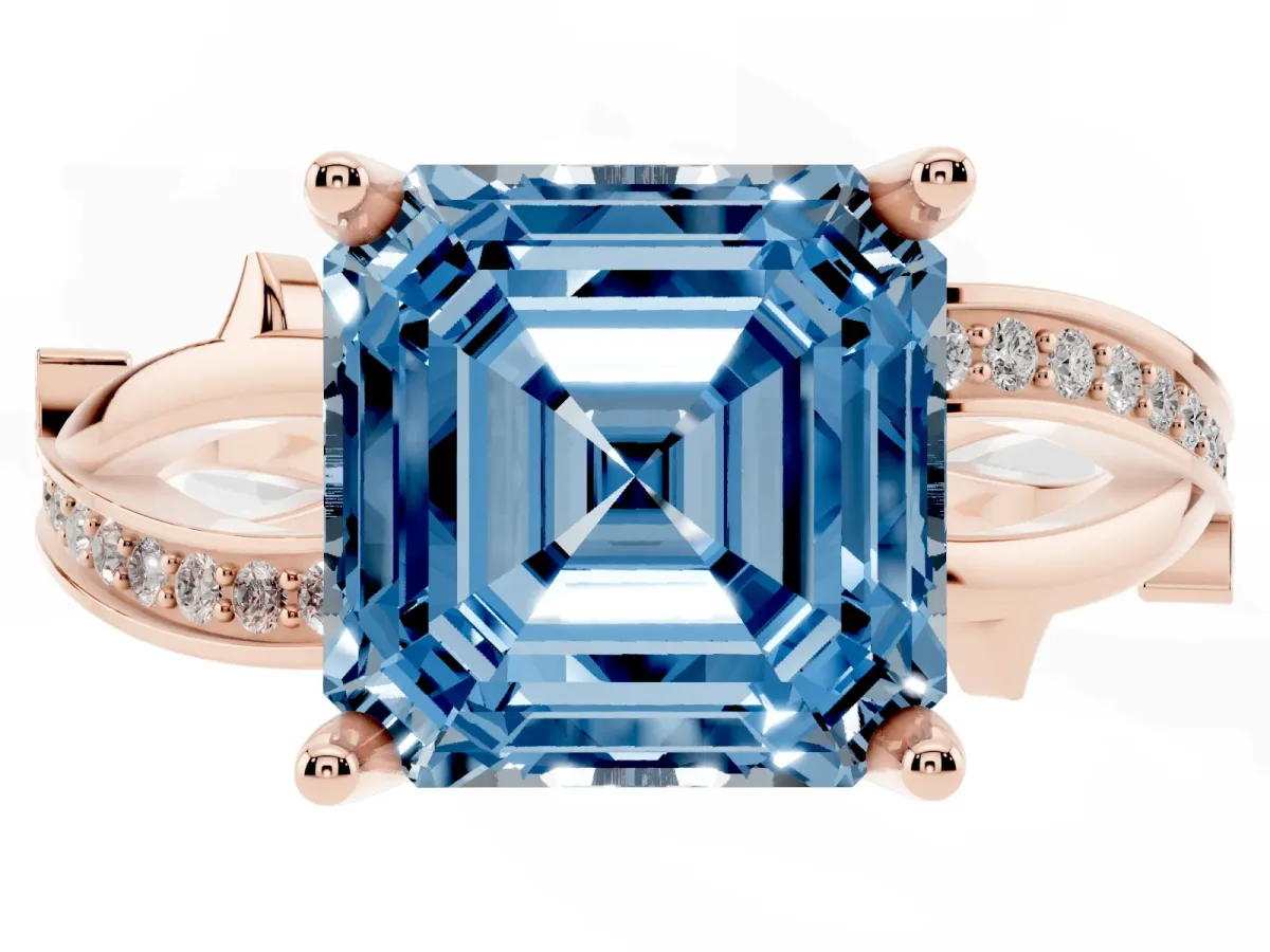 Fancy Blue Asscher Cut Solitaire Twist Band with Pavé Accents and Four-Prong Setting Rose gold