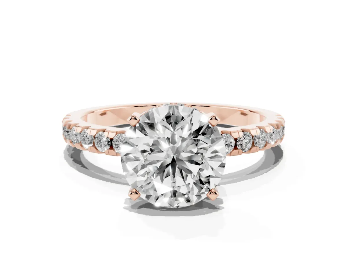 Round Cut Diamond Solitaire Ring with Round Pavé Band and Four-Prong Setting Rose gold