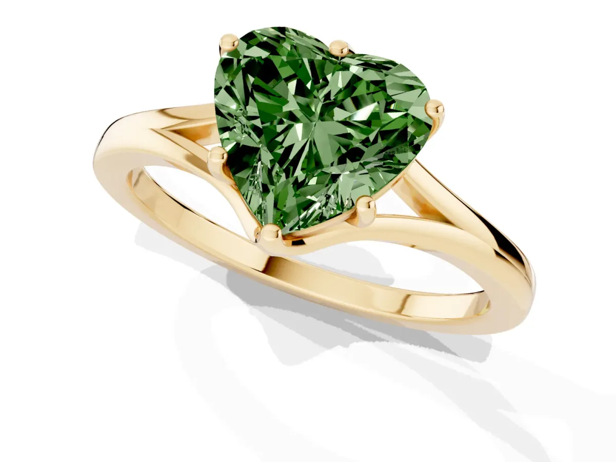 Fancy Green Heart Cut Solitaire Diamond Ring with Six-Prong Setting and Tapered Band Yellow gold
