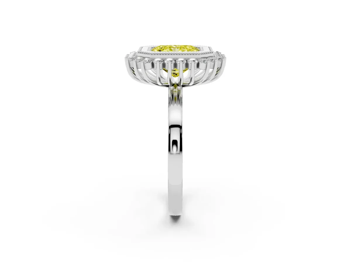 Fancy Yellow Radiant Cut Halo Diamond Ring with Milgrain Edge and Round Prong Setting Silver
