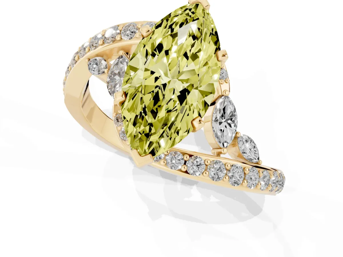 Fancy Yellow Marquise Cut Solitaire with Pavé Twist Band and Four-Prong Setting Yellow gold