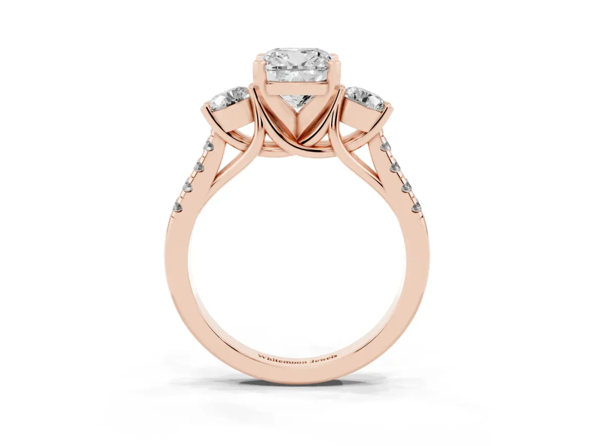 Three-Stone Cushion Cut Diamond Pavé Band with Four-Prong Setting Rose gold