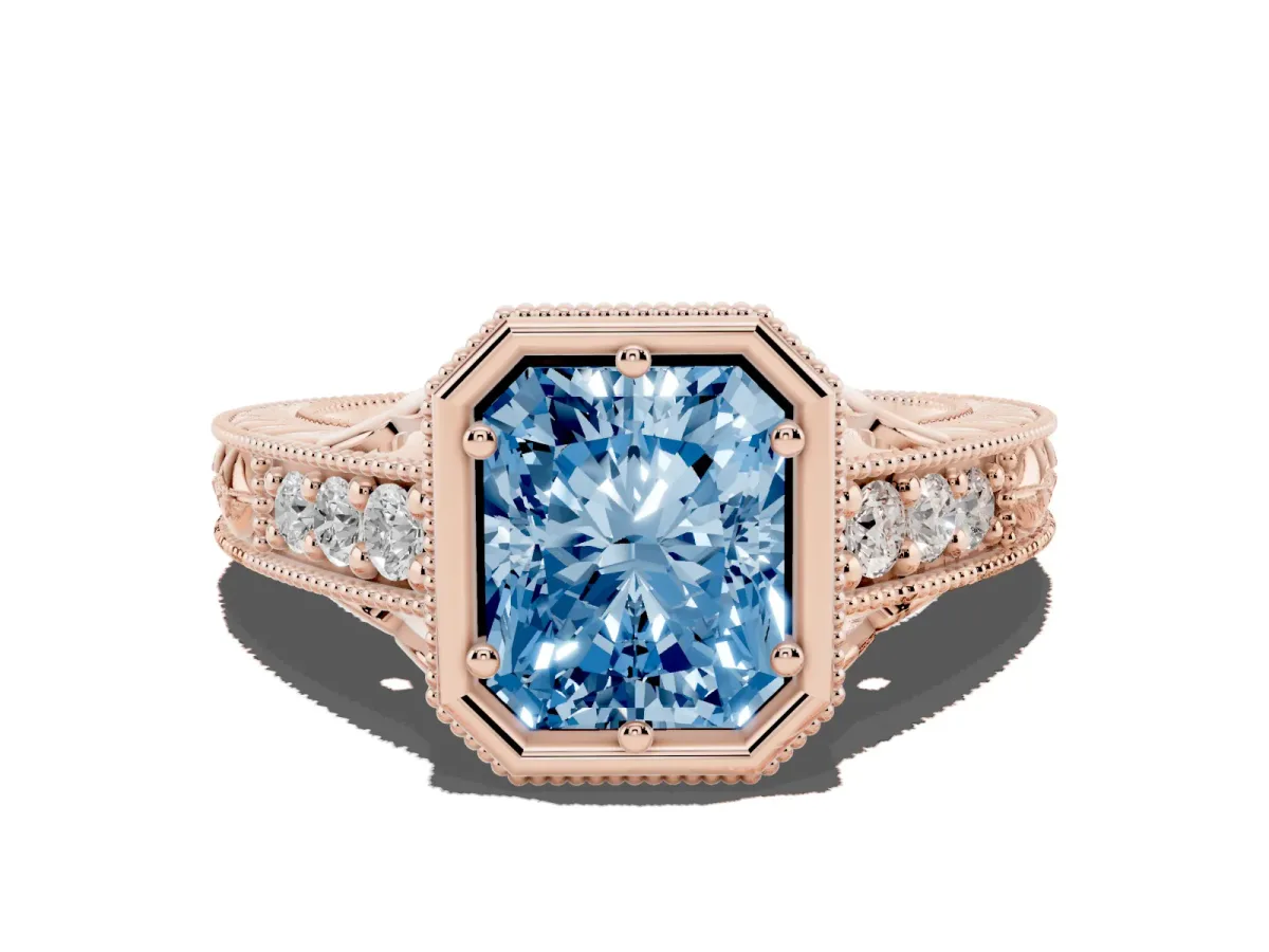 Fancy Blue Bezel Set Radiant Cut Diamond Milgrain Pave Engagement Ring Rose gold