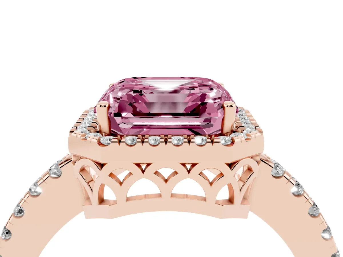 Fancy Pink Asscher Cut Halo Diamond Engagement Ring with Pavé Band and Four-Prong Setting Rose gold