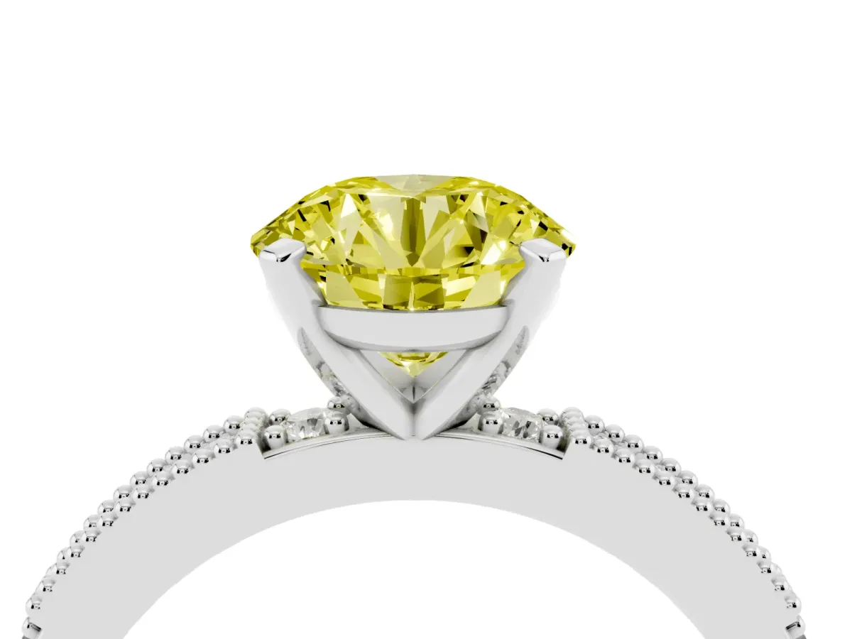 Fancy Yellow Round Cut Solitaire with Pavé Band and Four-Prong Setting Platinum