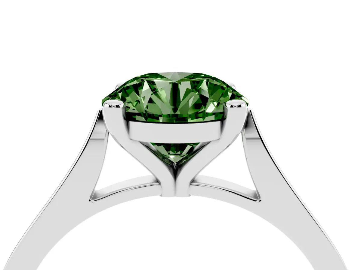 Fancy Green Round Cut Solitaire Diamond Ring with Four-Prong Setting and Tapered Band White gold