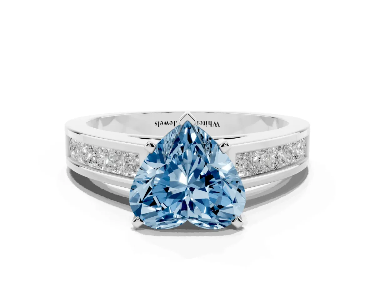 Fancy Blue Heart Cut Solitaire Diamond Ring with Channel-Set Band and Four-Prong Setting Silver
