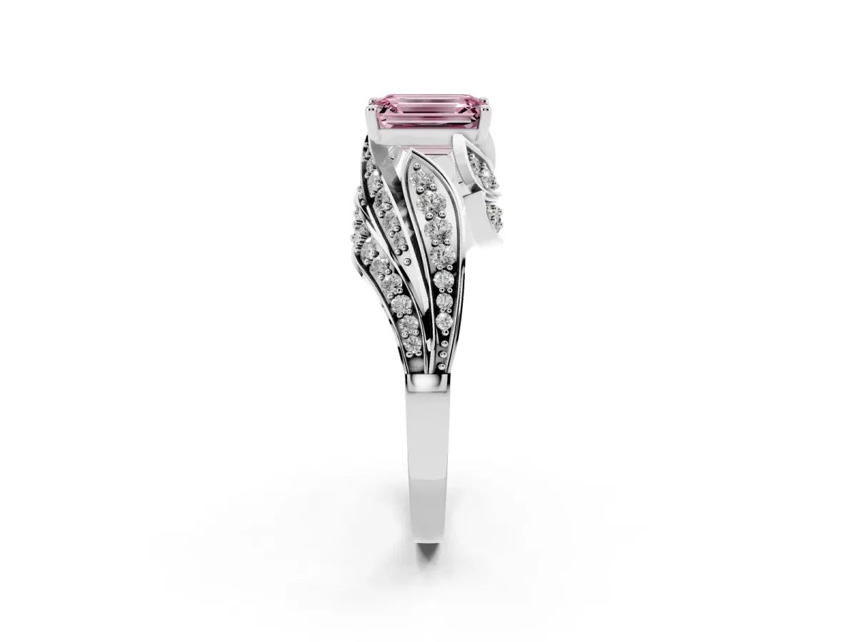 Fancy Pink Emerald Cut Diamond Solitaire Ring with Prong Setting and Twisted Pavé Band Silver