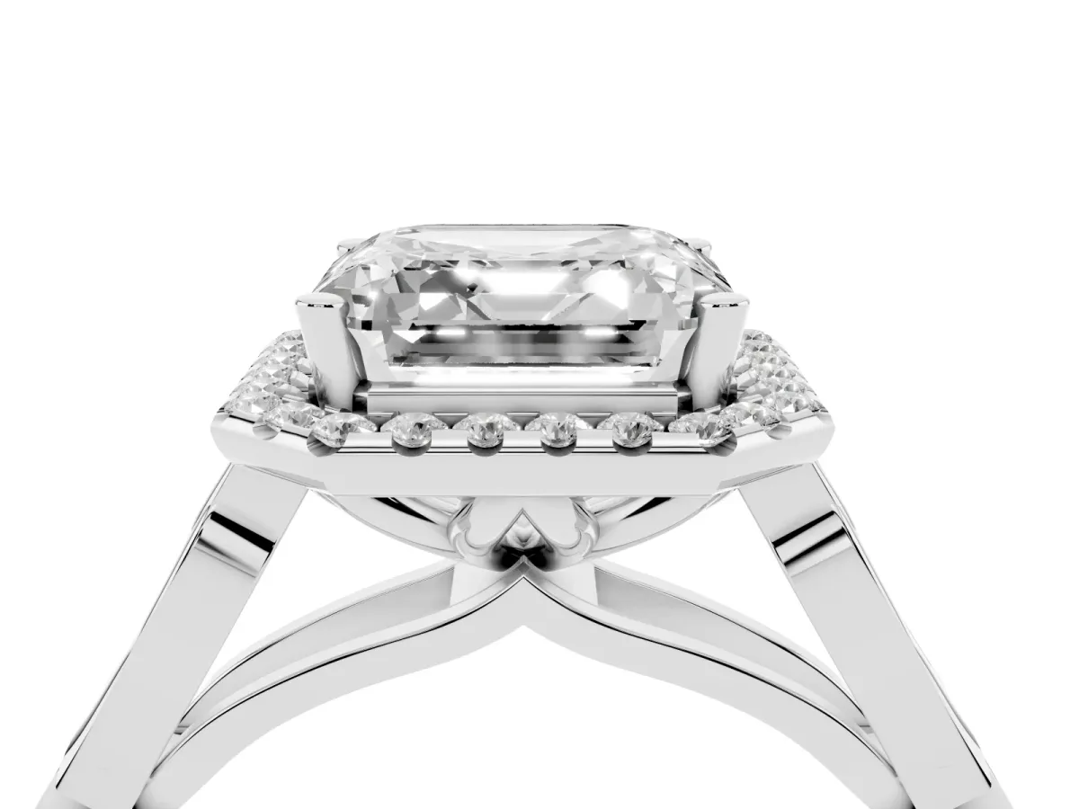 Asscher Cut Halo Diamond Engagement Ring with Filigree Band and Four-Prong Setting Platinum