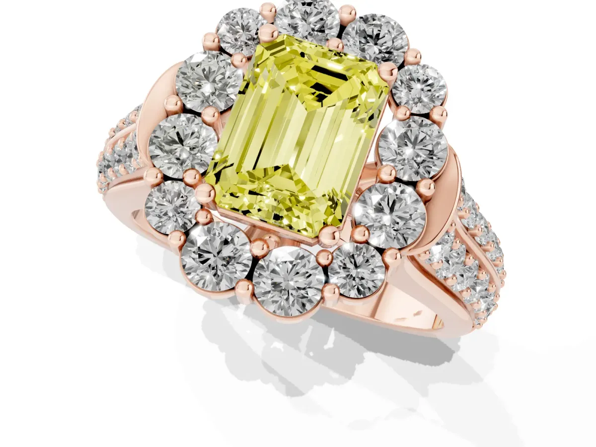 Fancy Yellow Emerald Cut Halo Diamond Engagement Ring with Split Shank and Prong Setting Rose gold