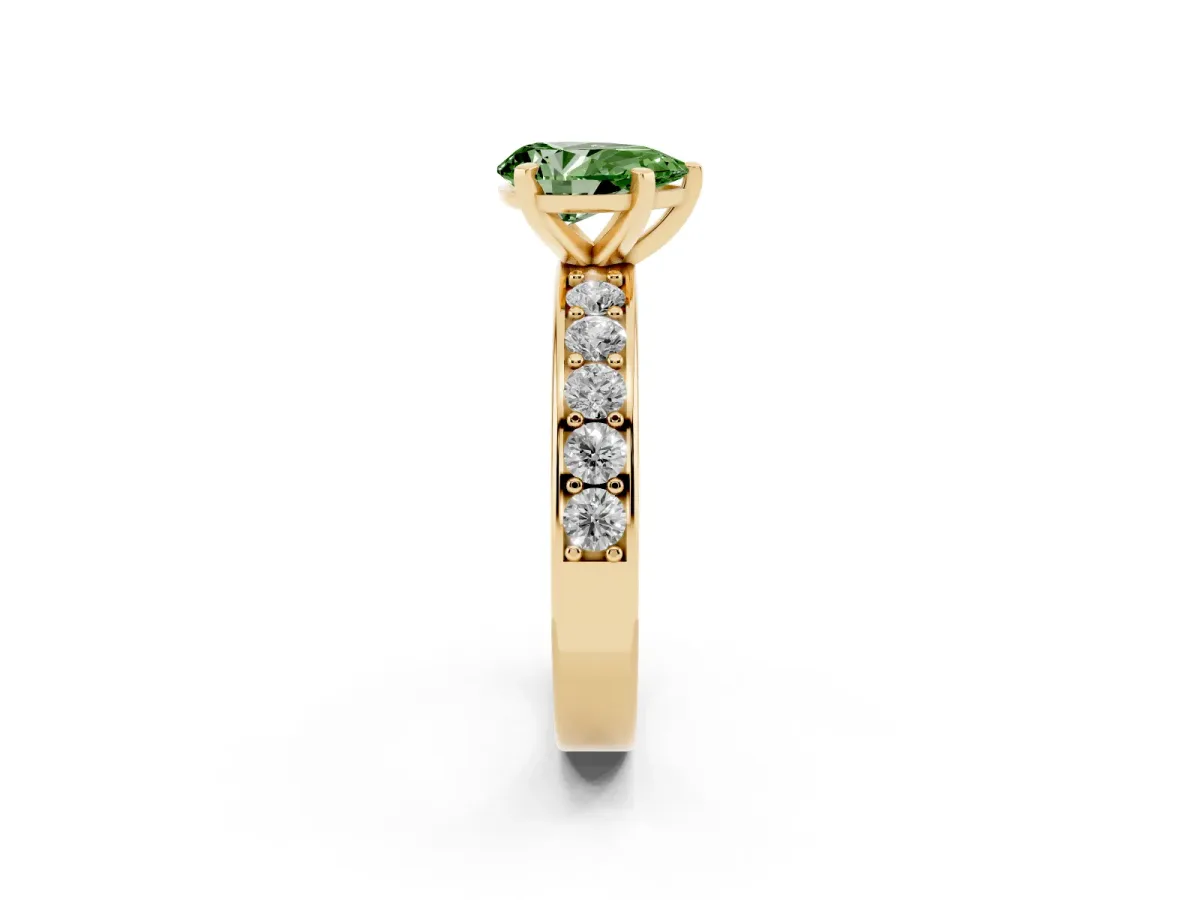 Fancy Green Pear Cut Diamond Engagement Ring with Channel Set Round Band and Prong Setting Yellow gold