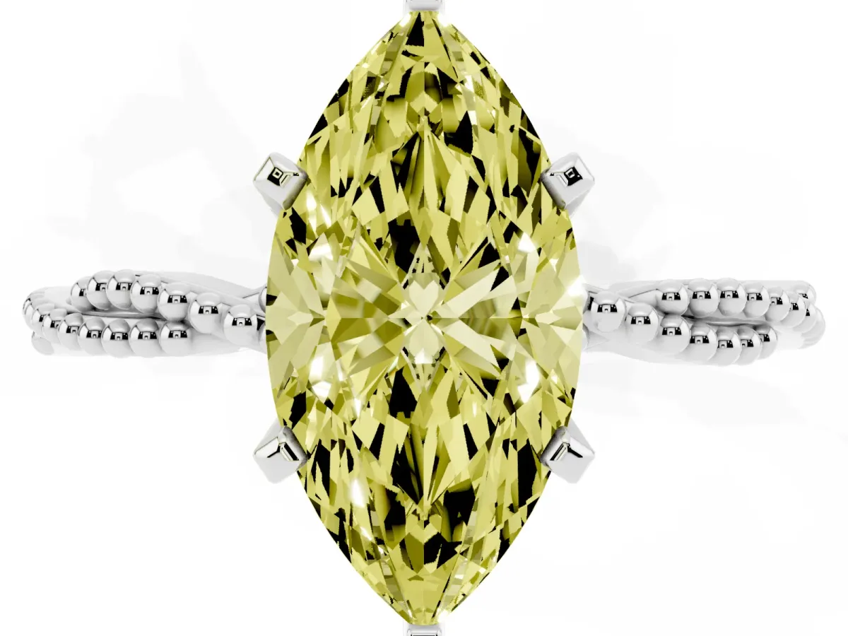 Fancy Yellow Marquise Cut Solitaire Twisted Band with Bead Prong Setting Silver