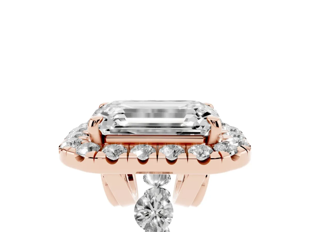 Emerald Cut Halo Pavé Diamond Engagement Ring with Four-Prong Setting Rose gold