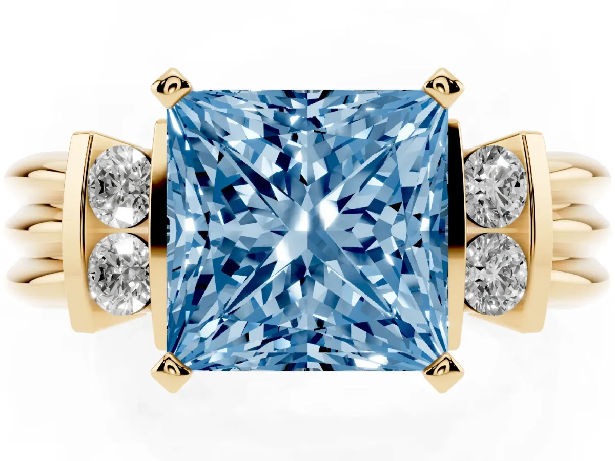 Fancy Blue Princess Cut Cut Three-Stone Channel Set Ring with Bar Prongs Yellow gold