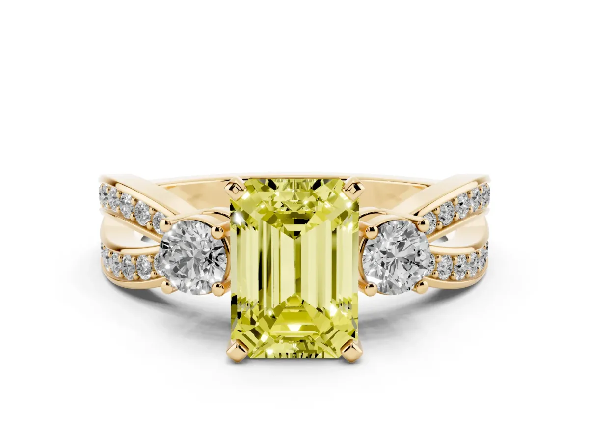 Fancy Yellow Three-Stone Emerald Cut Cut Diamond Twist Band with Prong Setting Yellow gold