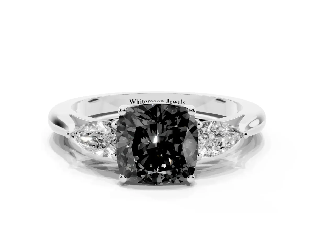 Fancy Black Three-Stone Cushion Cut Brilliant Diamond Solitaire Ring with Tapered Band and Four-Prong Setting Silver