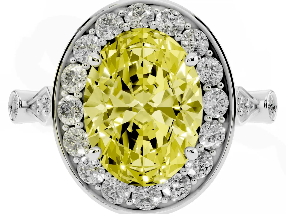 Fancy Yellow Oval Cut Halo Diamond Engagement Ring with Twisted Band and Four-Prong Setting Silver