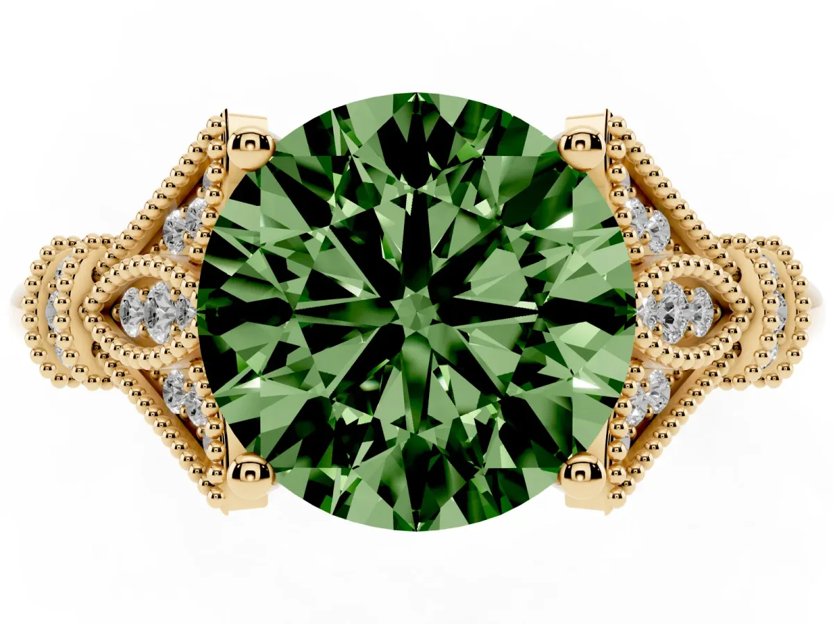 Fancy Green Round Cut Diamond Solitaire Ring with Floral Filigree and Pave Accents Yellow gold