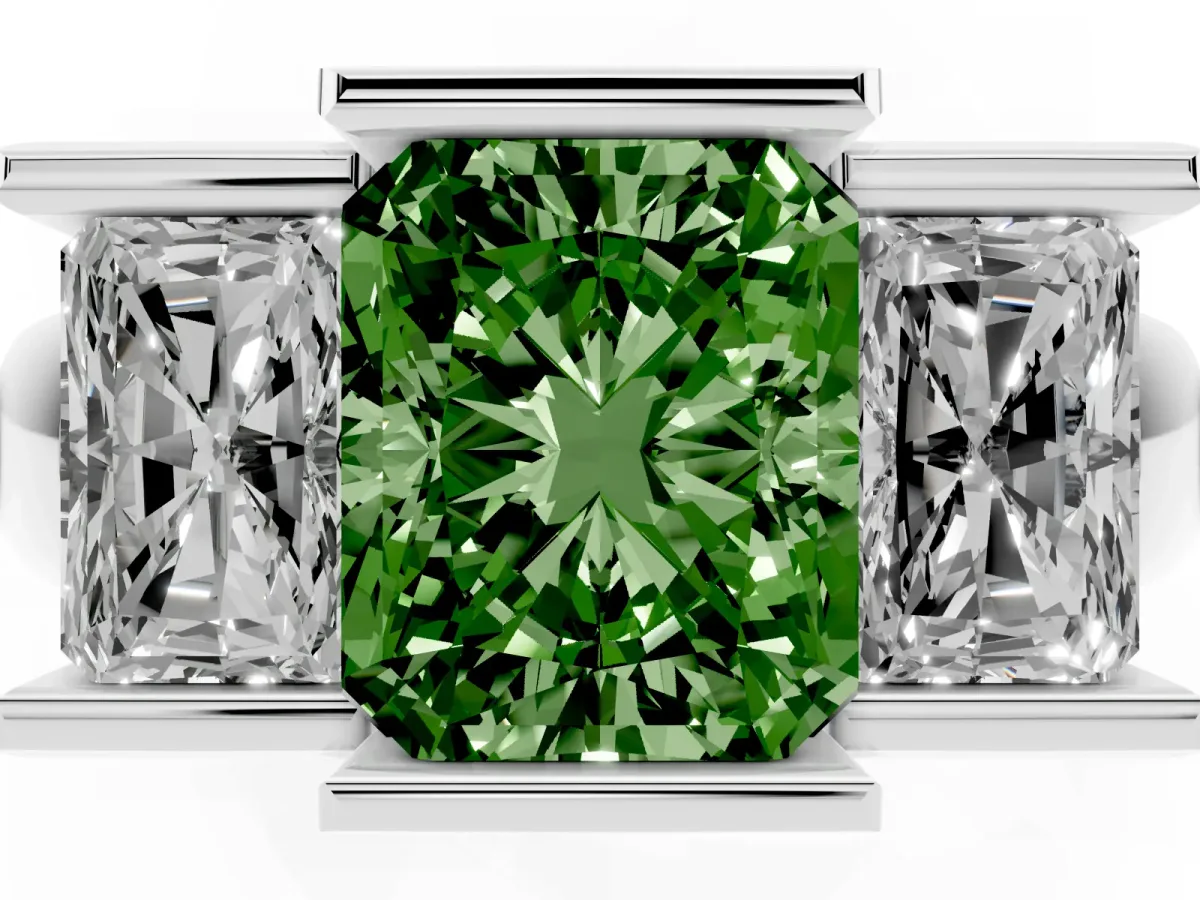 Fancy Green Three Stone Radiant Cut Cut Channel Set Diamond Ring Silver
