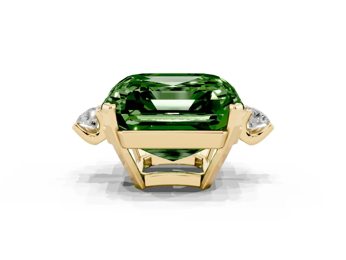 Fancy Green Asscher Cut Cut Three-Stone Solitaire Ring with Round Accent Diamonds and Four-Prong Setting Yellow gold