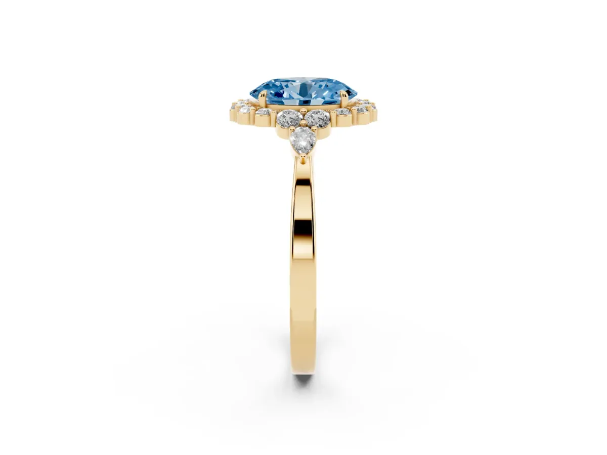 Fancy Blue Oval Cut Diamond Halo Ring with Pear Side Stones and Prong Setting Yellow gold