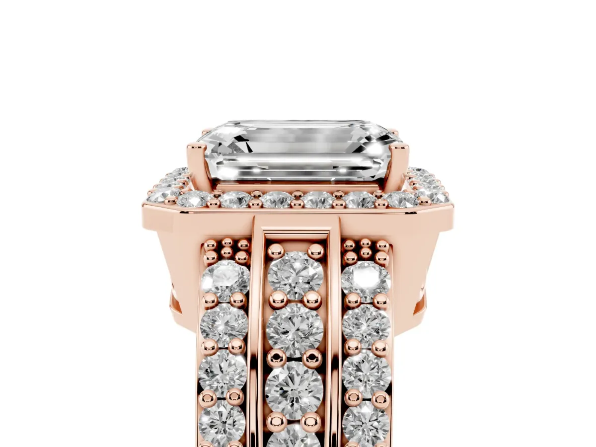 Emerald Cut Halo Diamond Ring with Round Split Shank and Prong Setting Rose gold