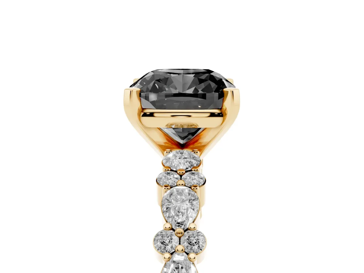 Fancy Black Cushion Cut Diamond Side Stone Solitaire Ring with Round and Four-Prong Setting Yellow gold