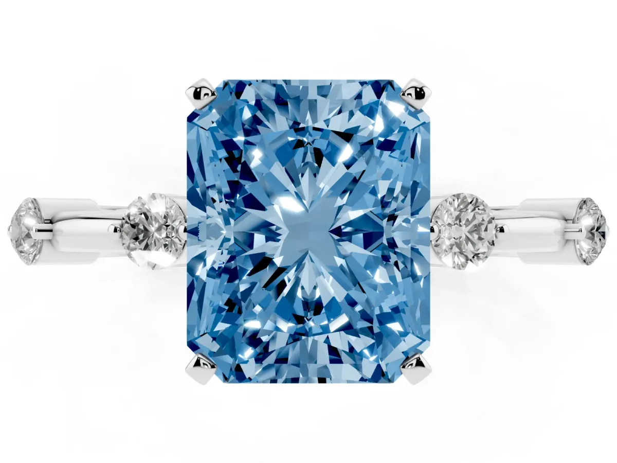 Fancy Blue Radiant Cut Solitaire Diamond Ring with Bezel Set Side Stones and Prong Setting Silver