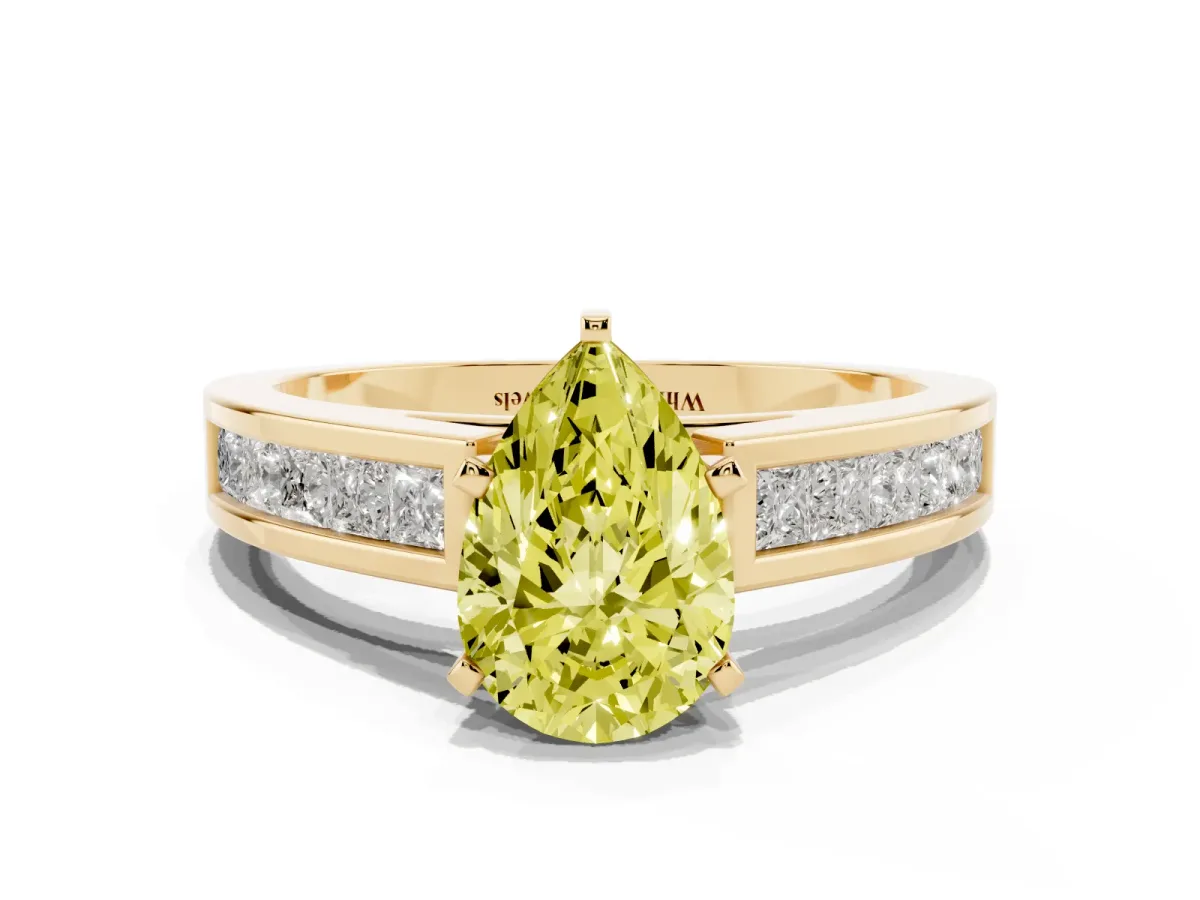 Fancy Yellow Pear Cut Solitaire Diamond Ring with Channel-Set Band and Four-Prong Setting Yellow gold