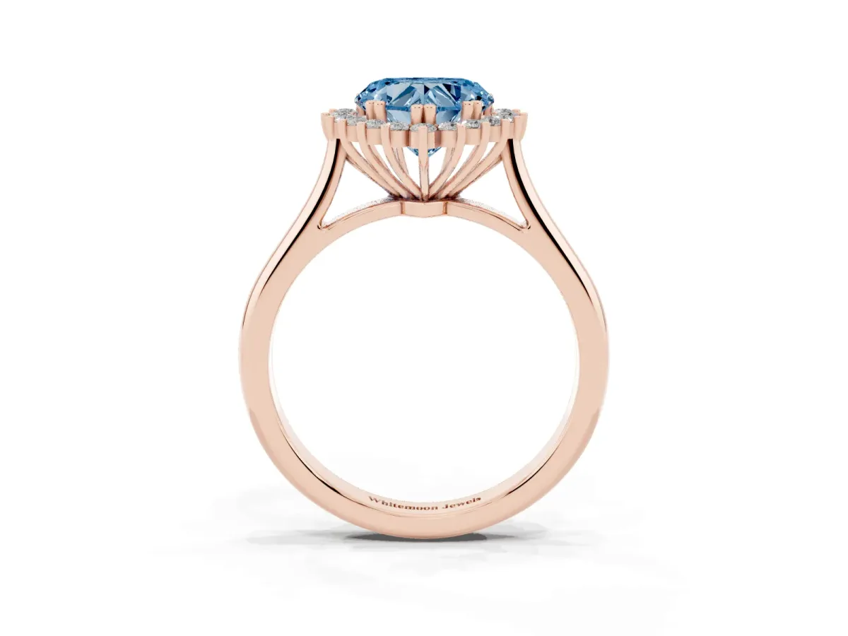 Fancy Blue Heart Cut Cut Diamond Halo Ring with Solitaire Band and Prong Setting Rose gold