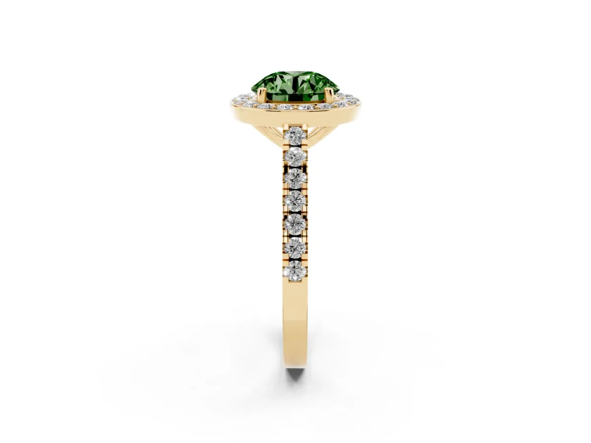 Fancy Green Round Cut Diamond Halo Ring with Round Pavé Split Shank and Prong Setting Yellow gold