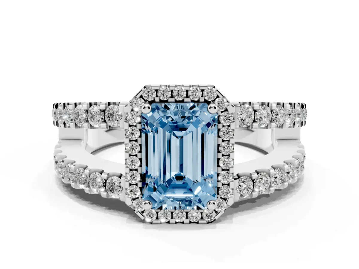 Fancy Blue Emerald Cut Cut Halo Split Shank Diamond Ring with Four-Prong Setting Silver