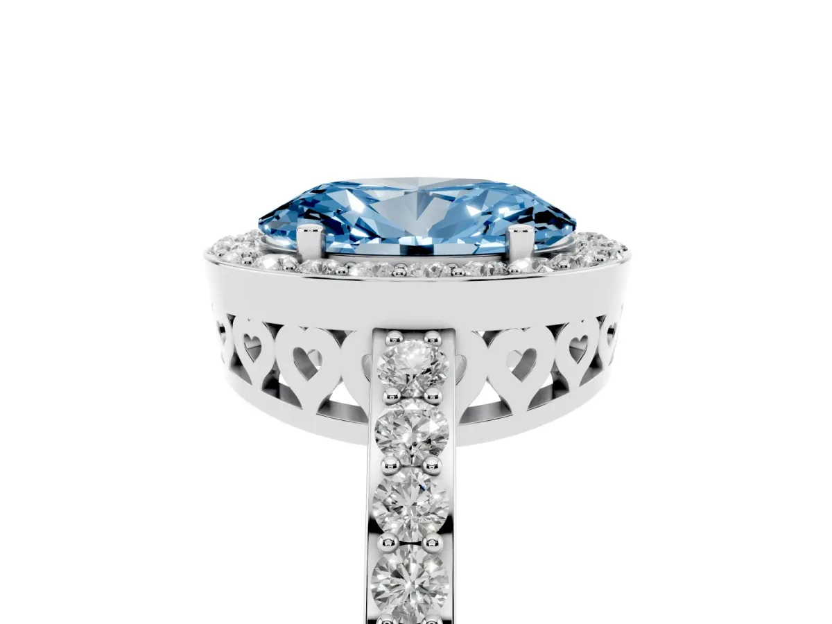 Fancy Blue Oval Cut Halo Diamond Pavé Band Ring with Prong Setting Silver