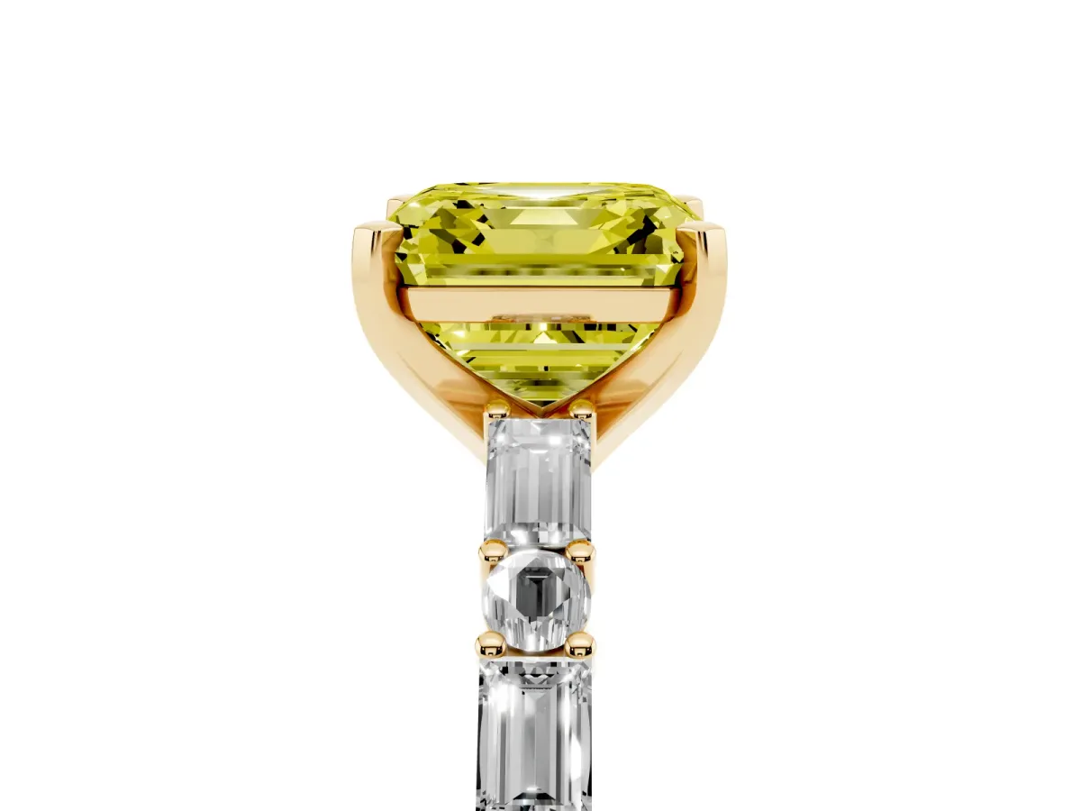 Fancy Yellow Asscher Cut Diamond Solitaire with Side Baguettes and Channel Set Band Yellow gold