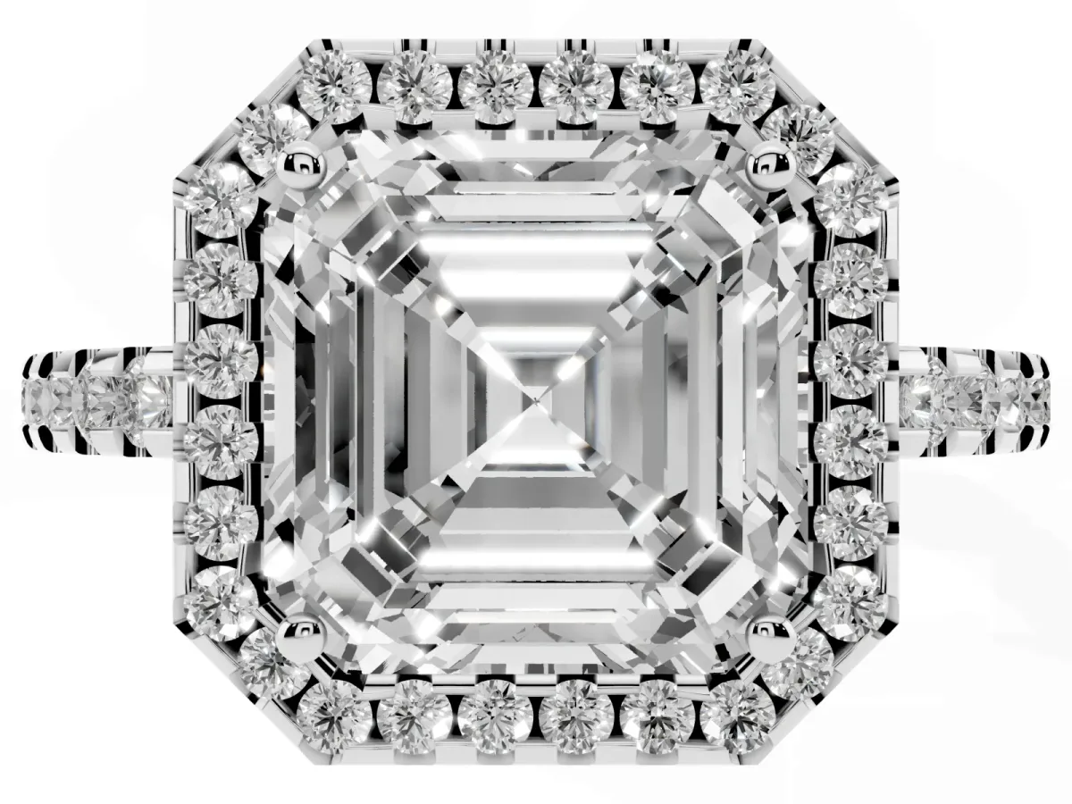 Asscher Cut Diamond Halo Engagement Ring with Pavé Band and Prong Setting Silver