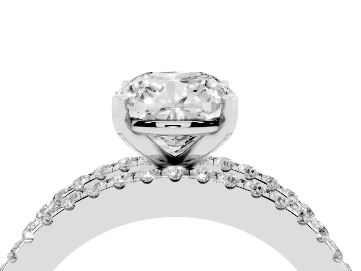 Cushion Cut Diamond Solitaire Ring with Pavé and Channel Set Band Silver