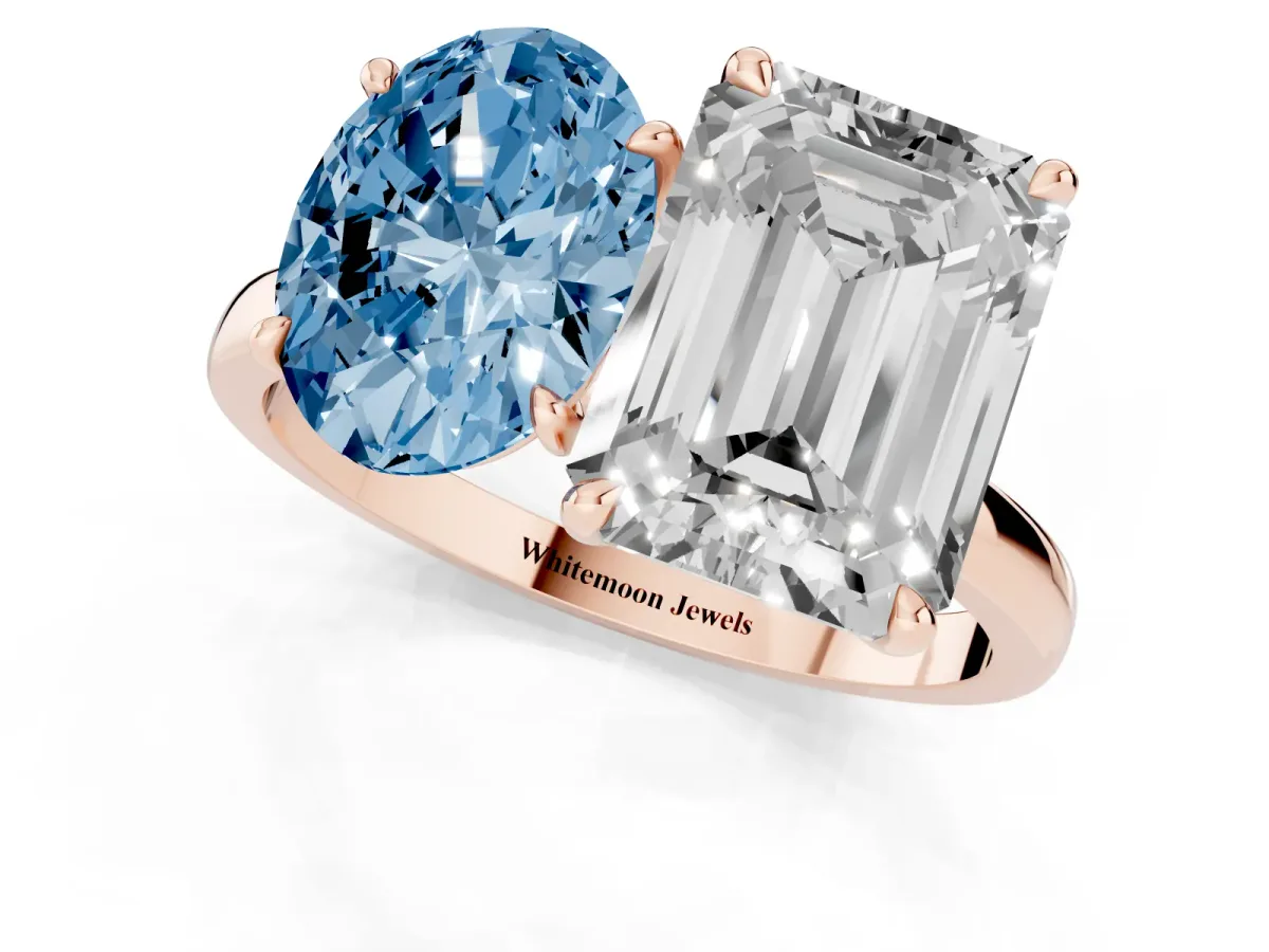 Fancy Blue Oval Cut and Emerald Cut Toi Moi Ring with Prong Setting Rose gold