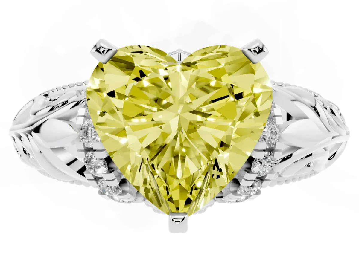 Fancy Yellow Heart Cut Solitaire Filigree Engagement Ring with Halo and Prong Setting Platinum