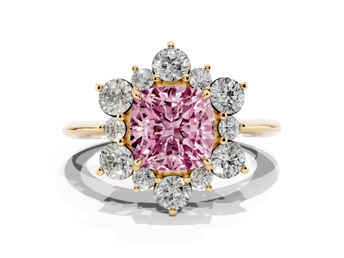 Fancy Pink Cushion Cut Diamond Cluster Halo Ring with Solitaire Band and Four-Prong Setting Yellow gold