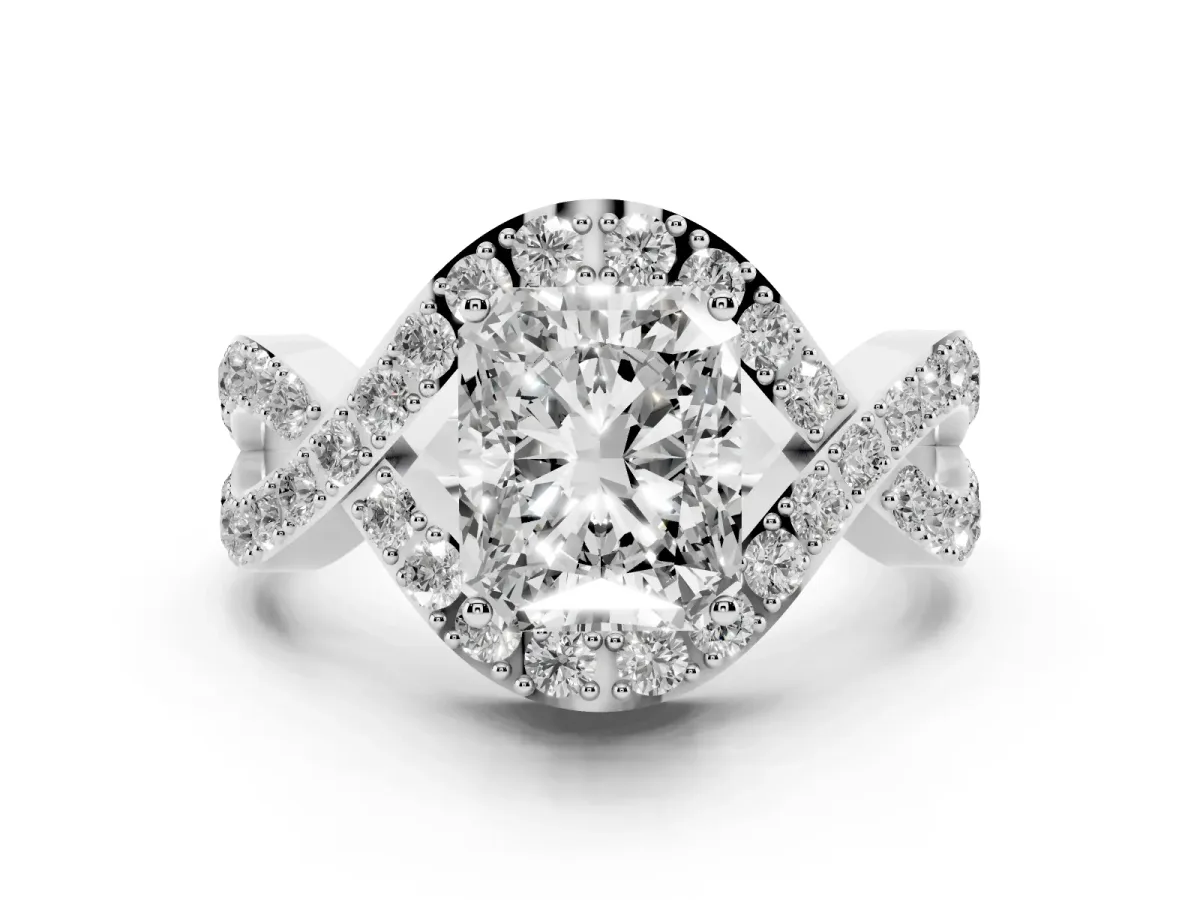 Radiant Cut Solitaire Twist Band Pavé Diamond Engagement Ring Platinum