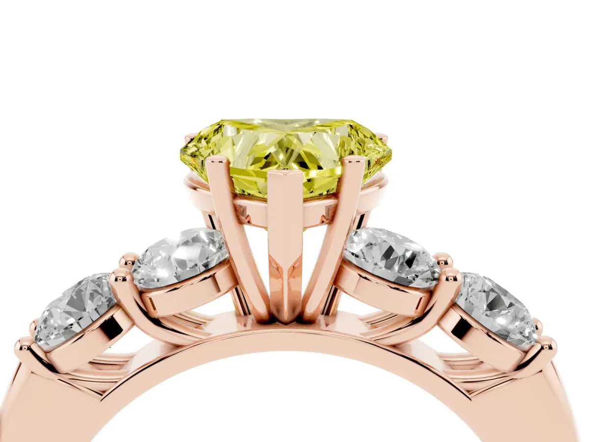 Fancy Yellow Heart Cut Cut Five-Stone Prong Set Diamond Ring with Classic Band Rose gold