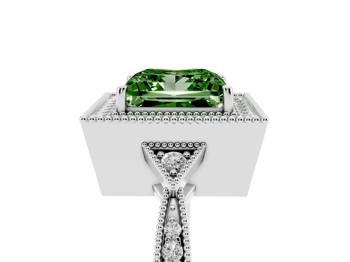 Fancy Green Princess Cut Halo Round Diamond Milgrain Pave Engagement Ring Platinum