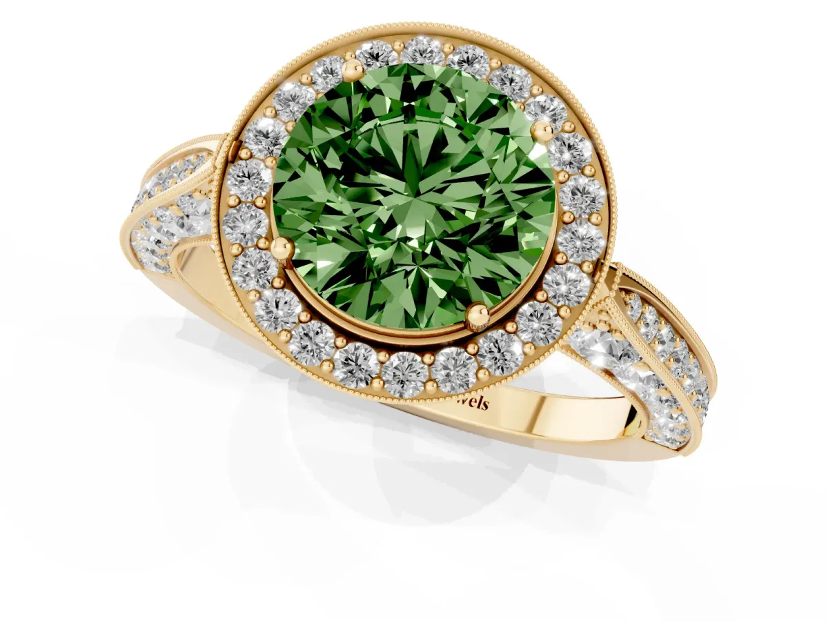 Fancy Green Round Cut Halo Diamond Engagement Ring with Split Shank Band and Four-Prong Setting Yellow gold