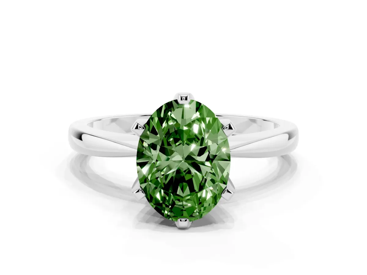 Fancy Green Oval Cut Solitaire Engagement Ring with Six-Prong Setting and Tapered Band Platinum